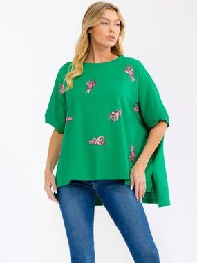140 • Lobsters Embellished Green Relaxed Fit Top